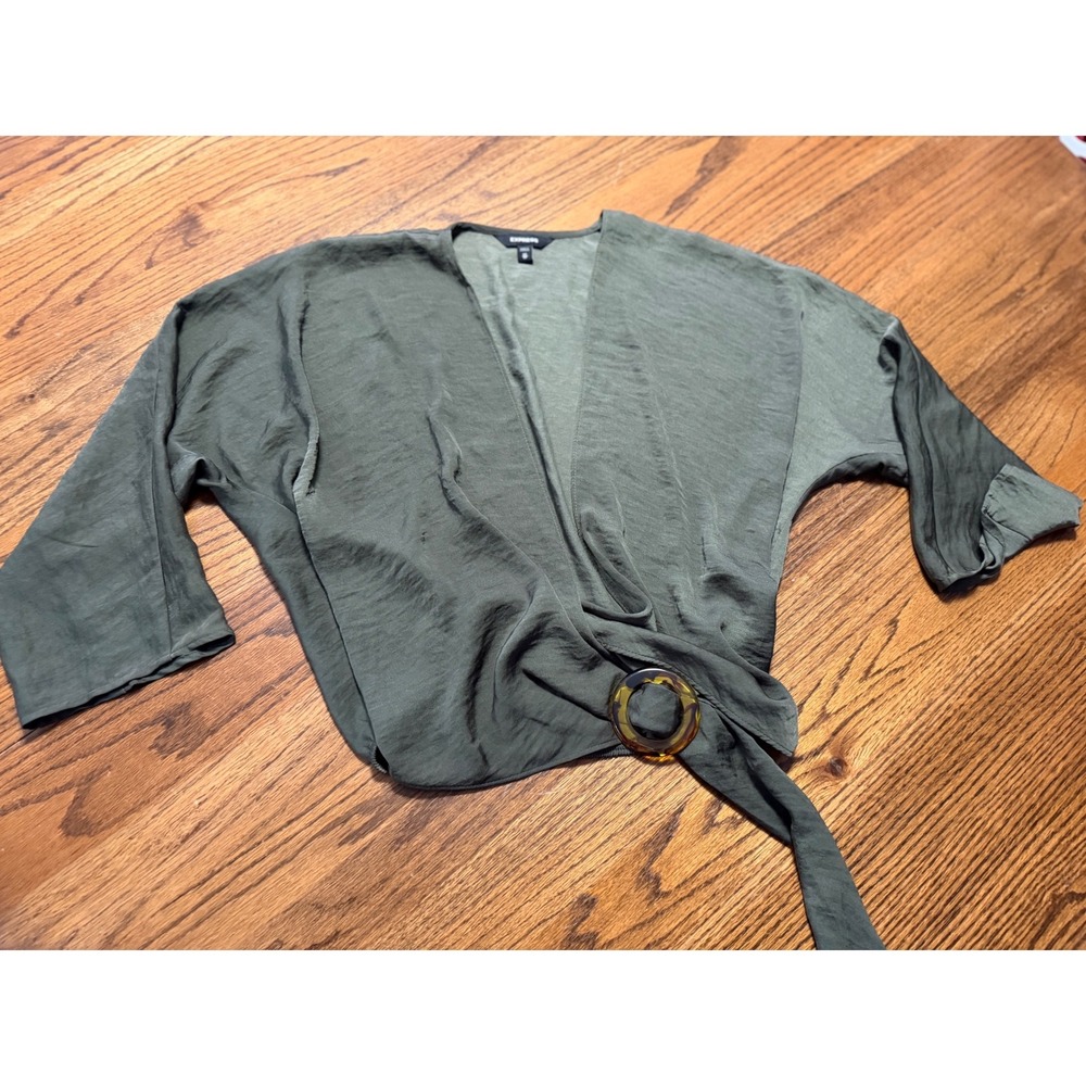 Express Womens Olive Green Side Tie Ring Wrap Top Satin Texture XS Dolman Sleeve